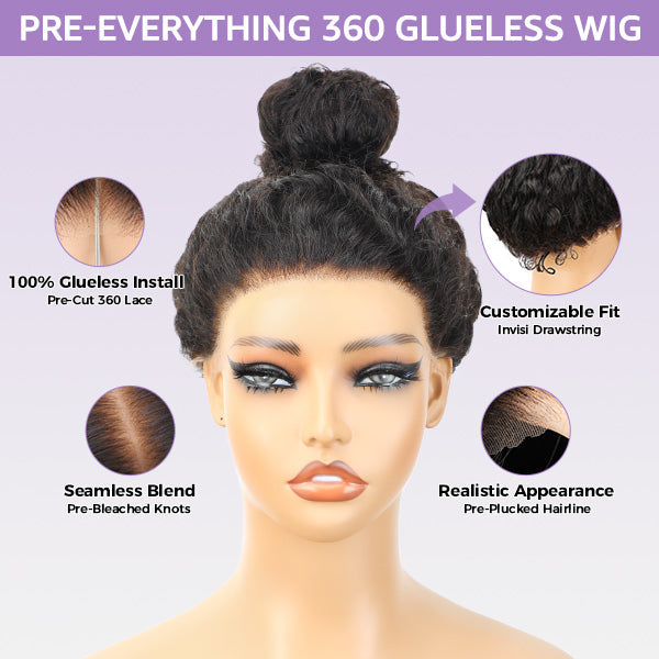 OQ HAIR Kinky Straight Invisi-Drawstring Flexible Fit 360 Lace Front Glueless Wig With Bleached Knots