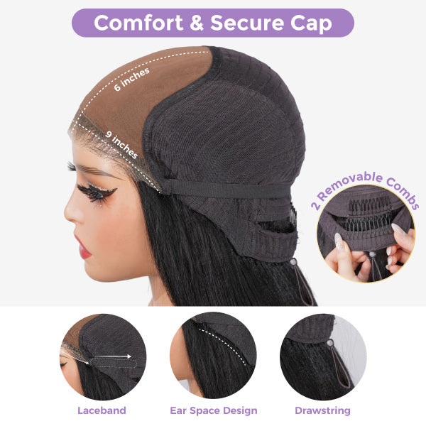 OQ HAIR Glueless Yaki Straight FreedoorM Wig Back Versatile Opening Pre-Cut 9x6 Skin Lace Wear Go Wig With Adjustable Fit Drawstring