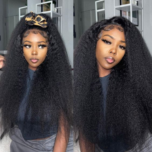 OQ HAIR Kinky Straight Invisi-Drawstring Flexible Fit 360 Lace Front Glueless Wig With Bleached Knots