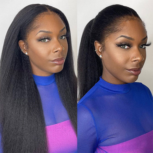 OQ HAIR Kinky Straight Invisi-Drawstring Flexible Fit 360 Lace Front Glueless Wig With Bleached Knots
