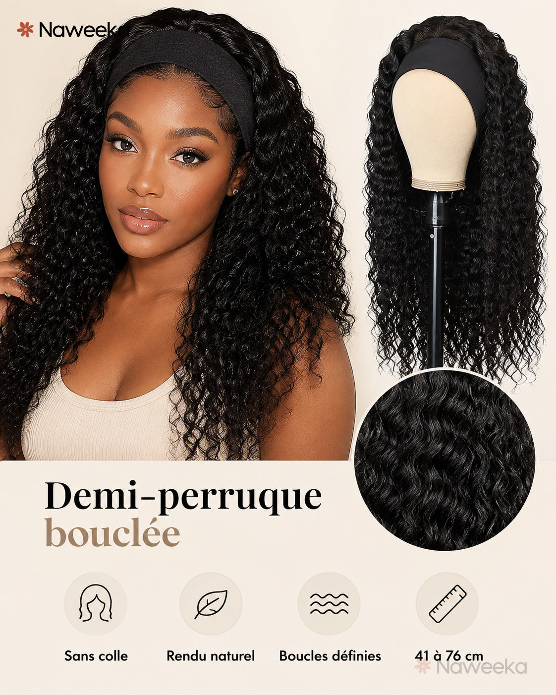 Demi-perruque bouclée sans colle, noir naturel, portée