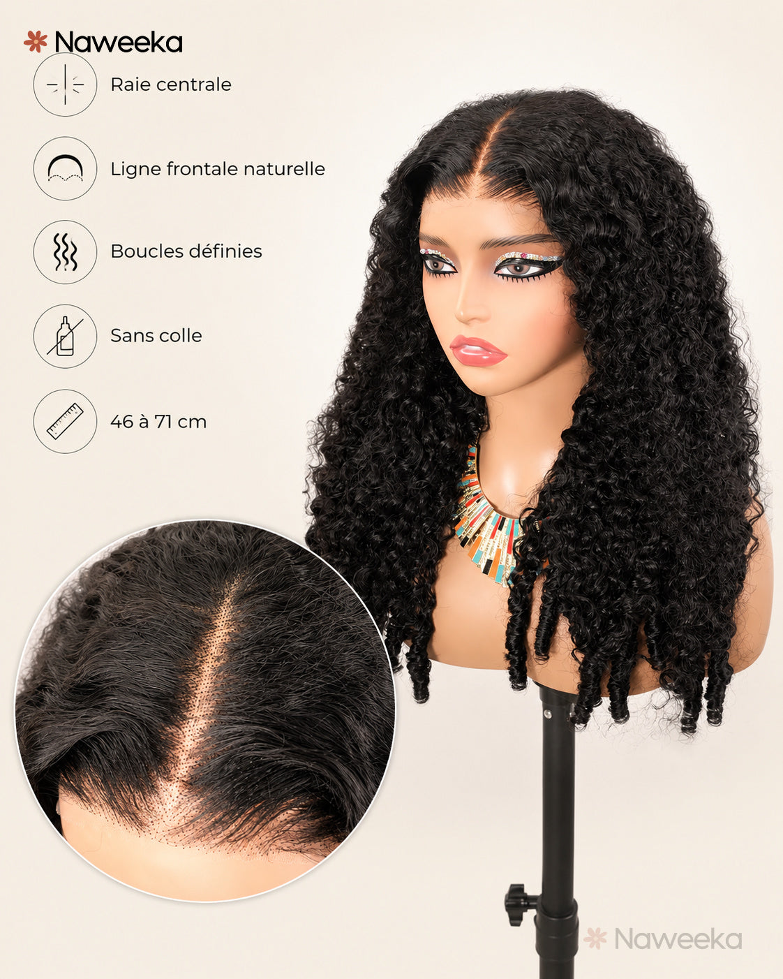 Perruque bouclée volumineuse sans colle, noir naturel, portée