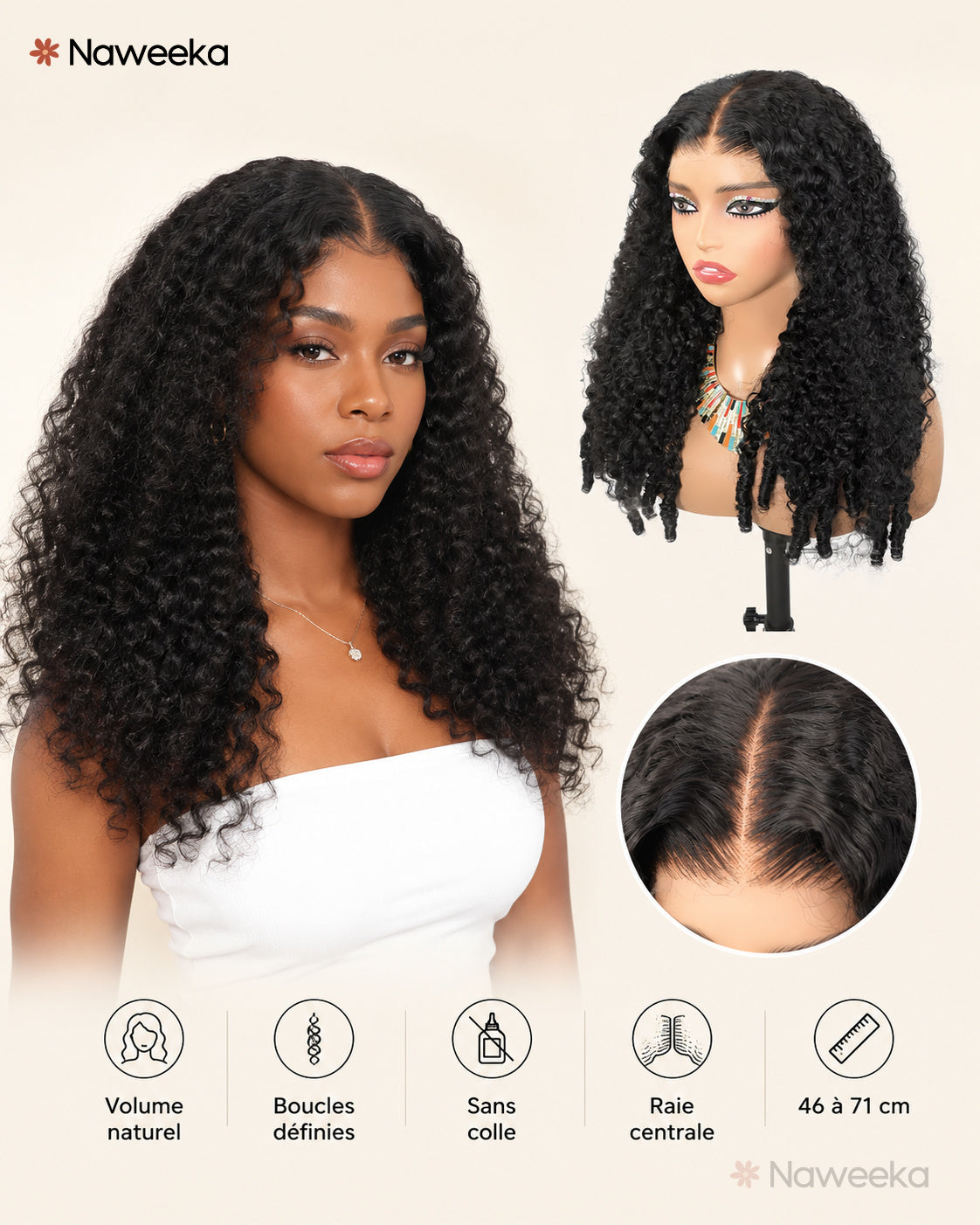 Perruque bouclée volumineuse sans colle, noir naturel, portée