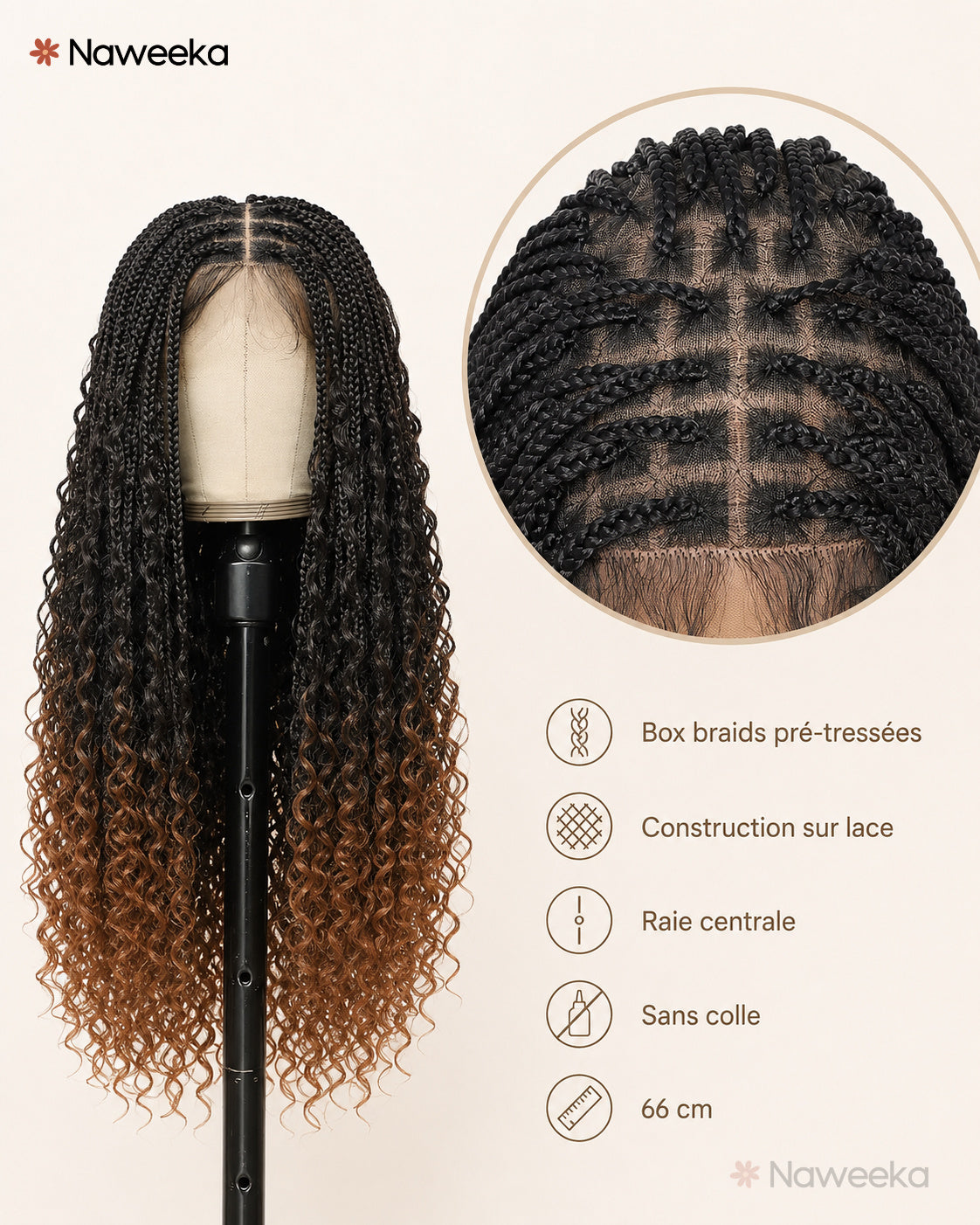Perruque box braids longues sans colle, coiffure protectrice, portée