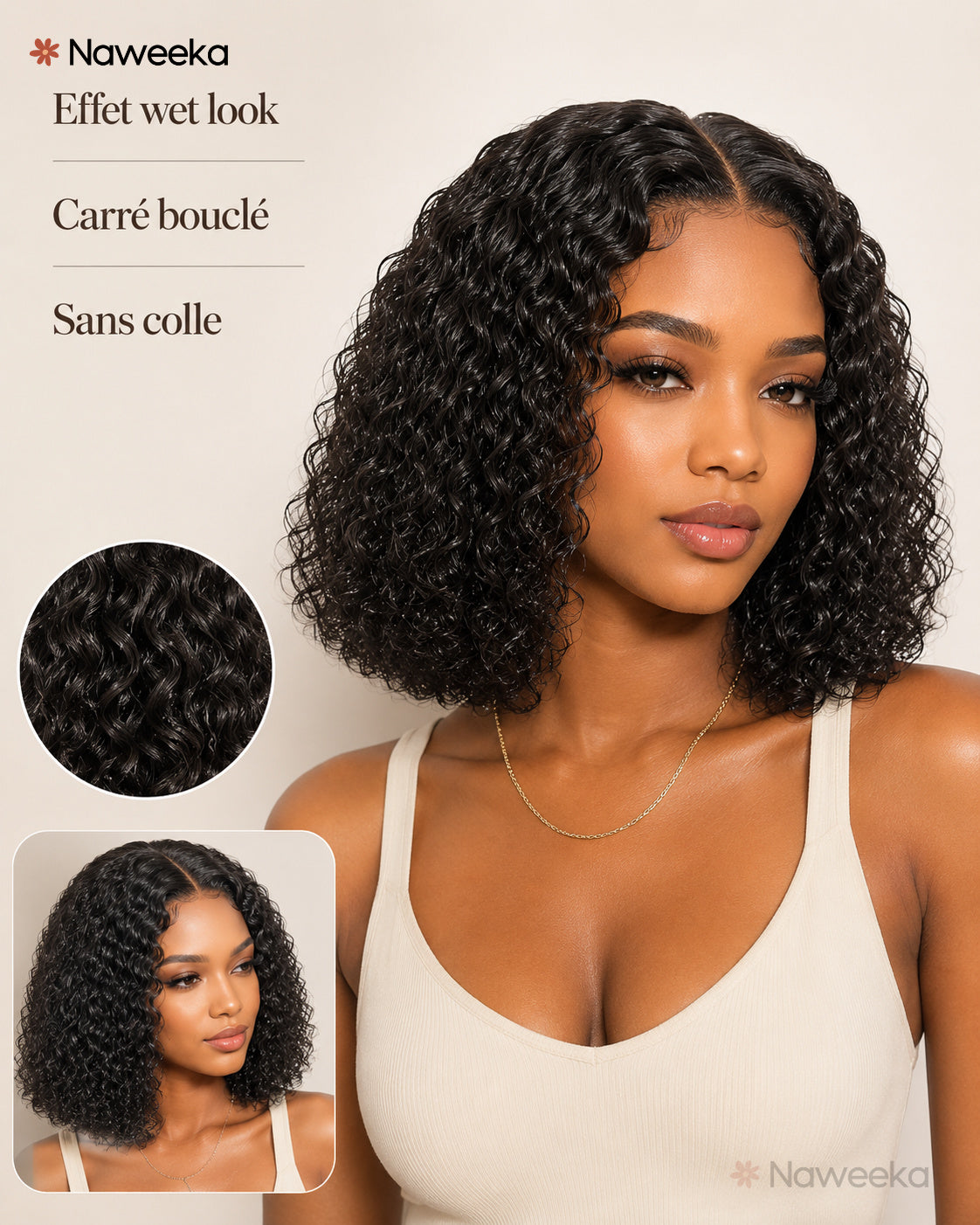 Perruque carré bouclé sans colle, noir naturel, portée