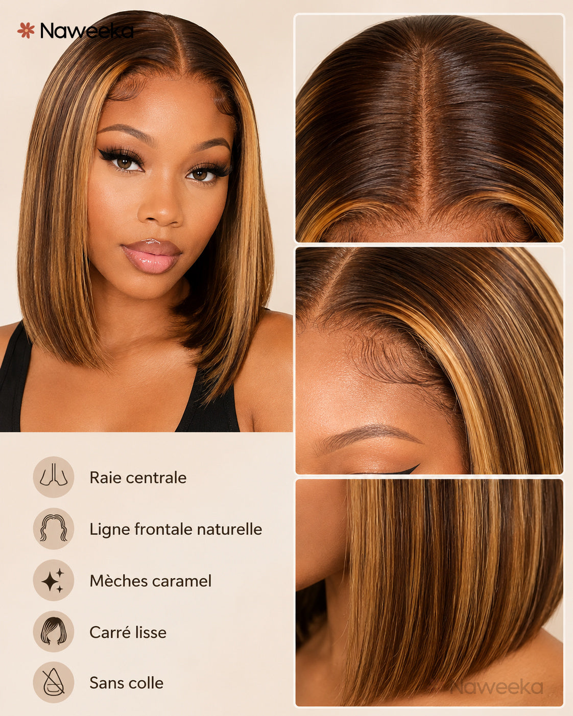 Perruque carré lisse mèches caramel sans colle, portée