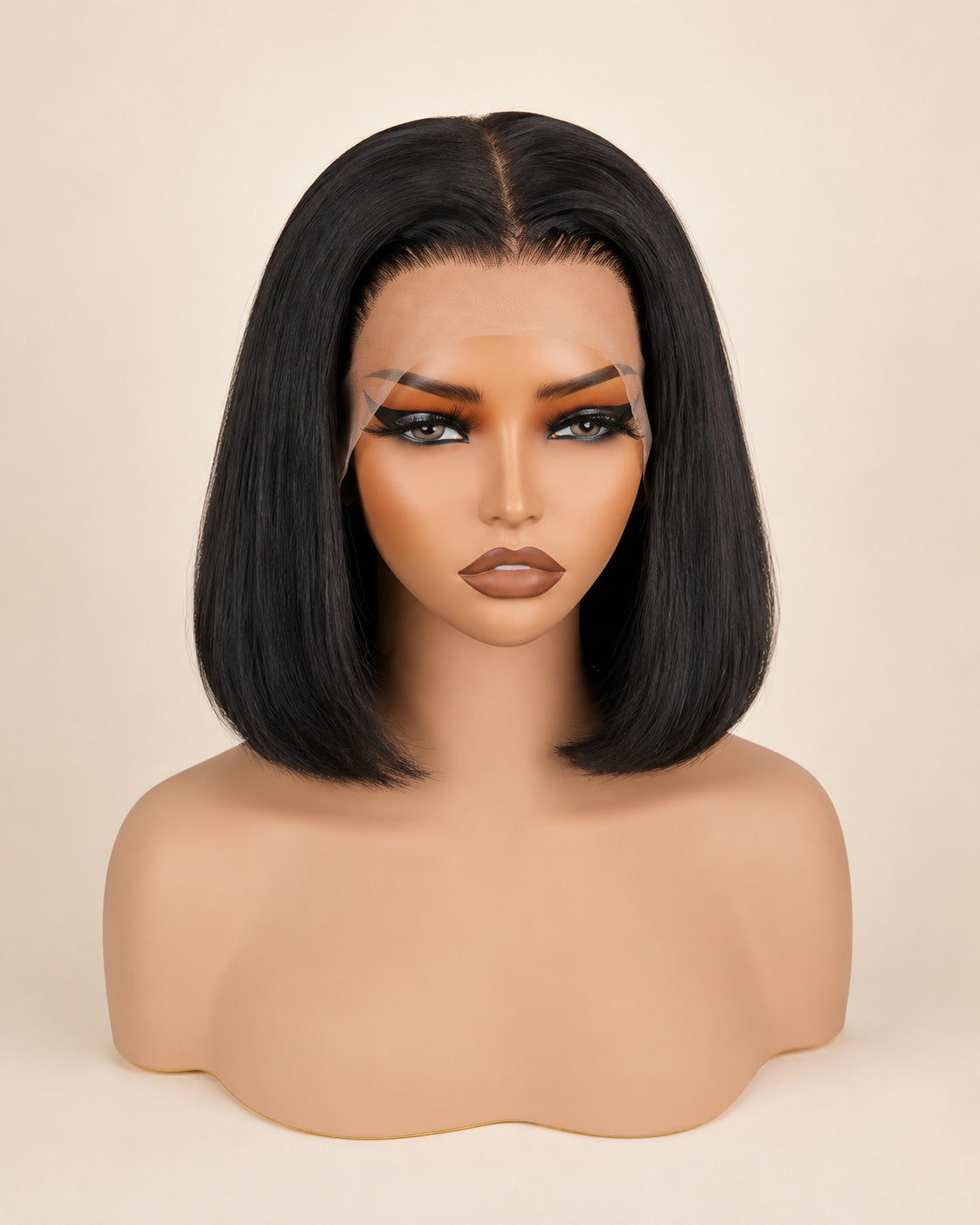 Perruque lisse sans colle, noir naturel, portée