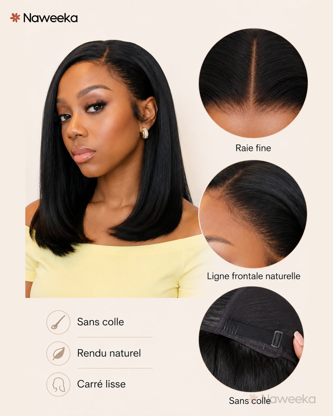 Perruque lisse sans colle, noir naturel, portée