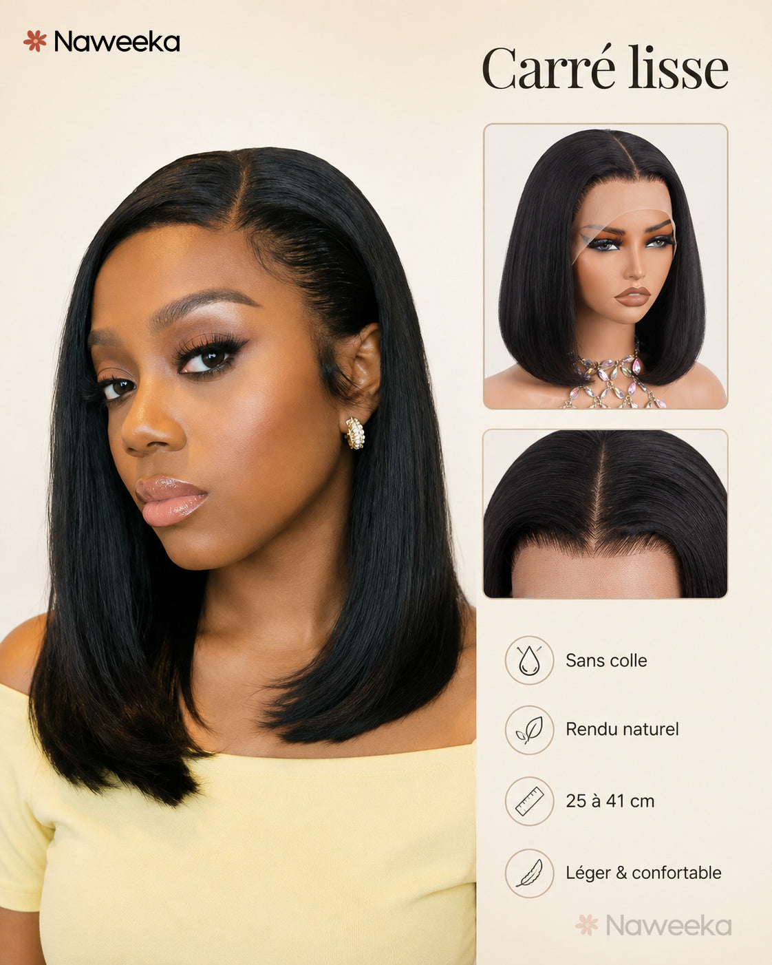 Perruque lisse sans colle, noir naturel, portée
