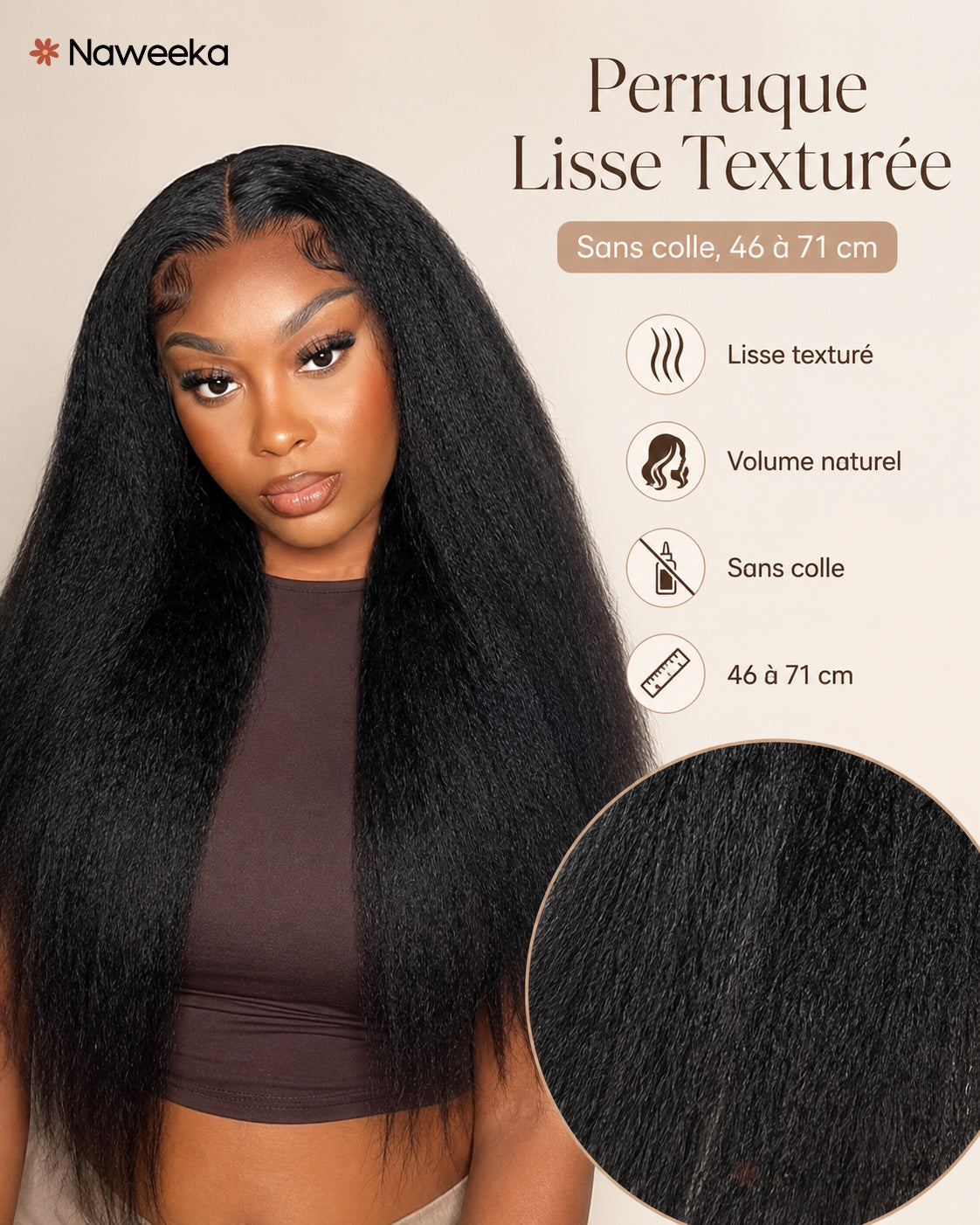 Perruque lisse texturée sans colle, noir naturel, portée
