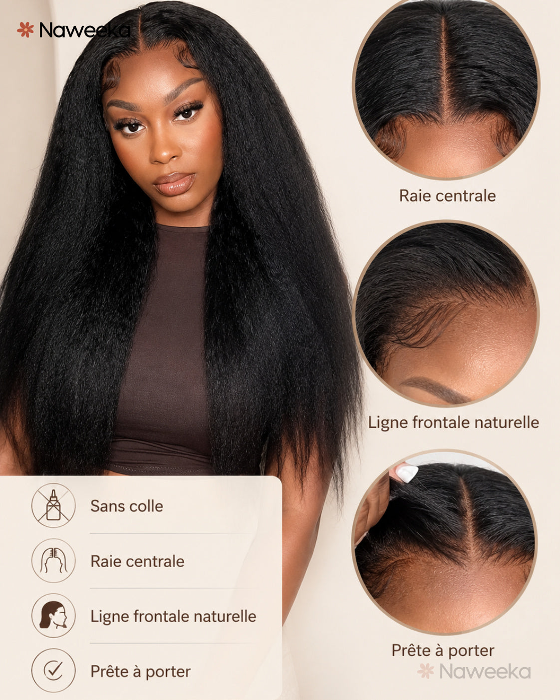 Perruque lisse texturée sans colle, noir naturel, portée