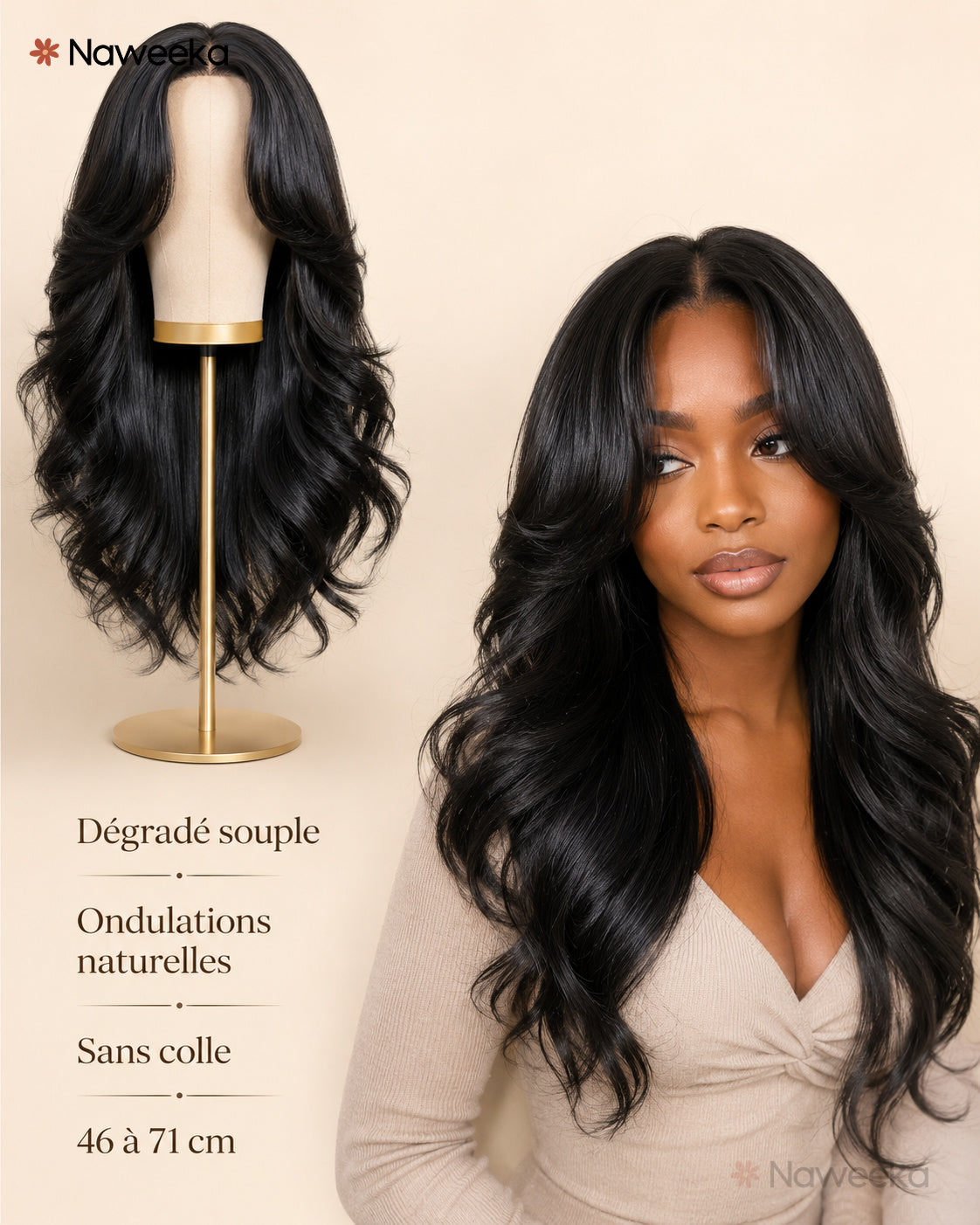 Perruque ondulée dégradée sans colle, noir naturel, portée