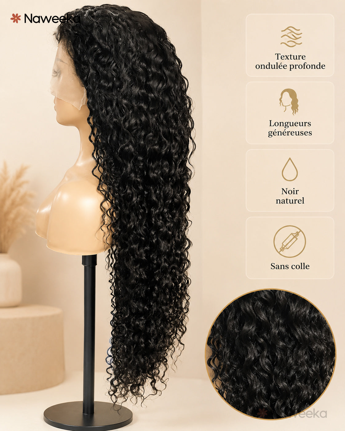 Perruque ondulée profonde sans colle, noir naturel, portée