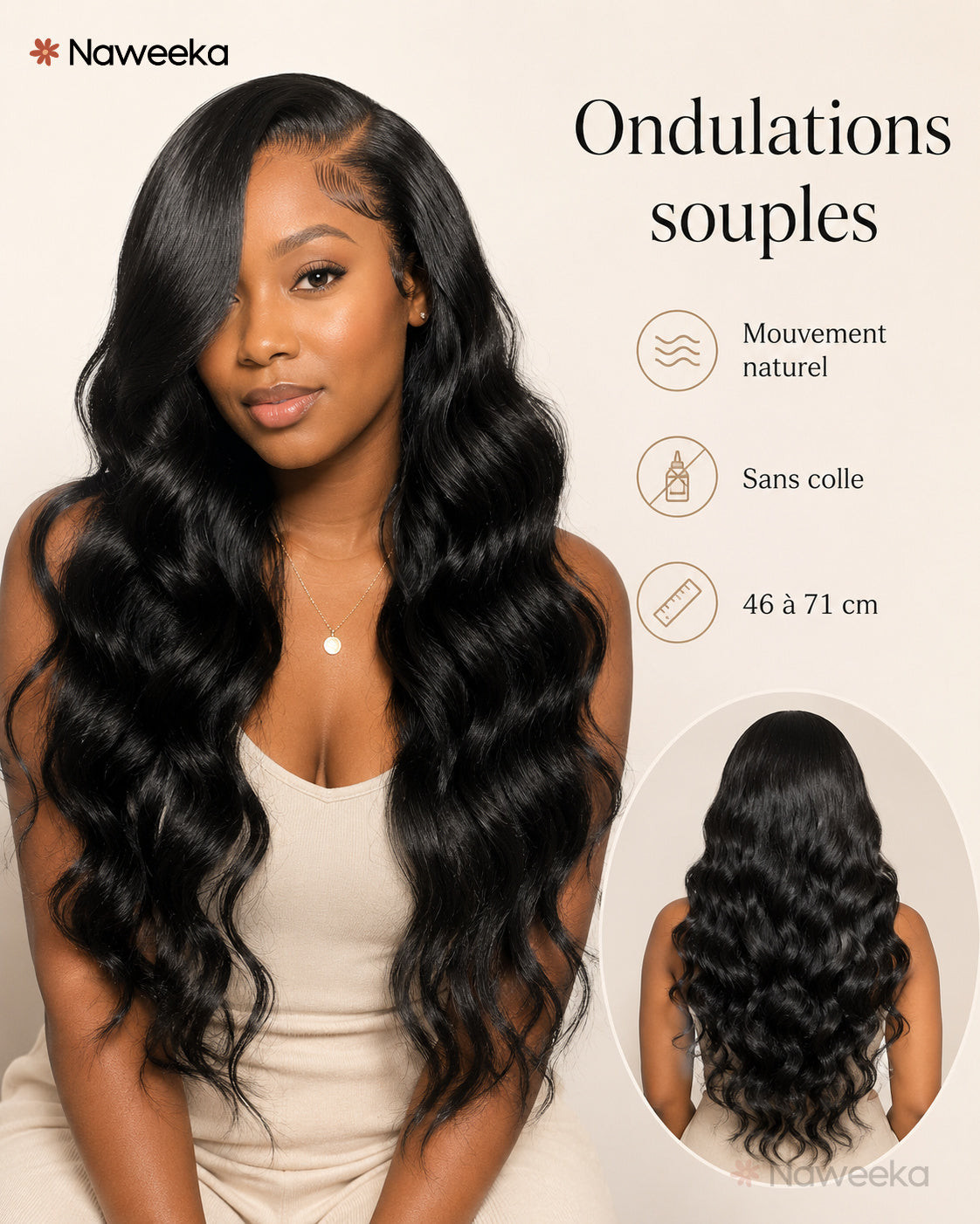 Perruque ondulée souple sans colle, noir naturel, portée