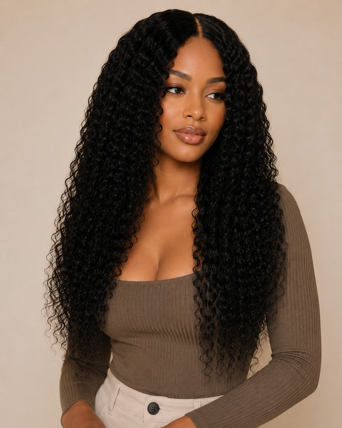 Perruque tissage ouvert bouclé sans colle, noir naturel, portée