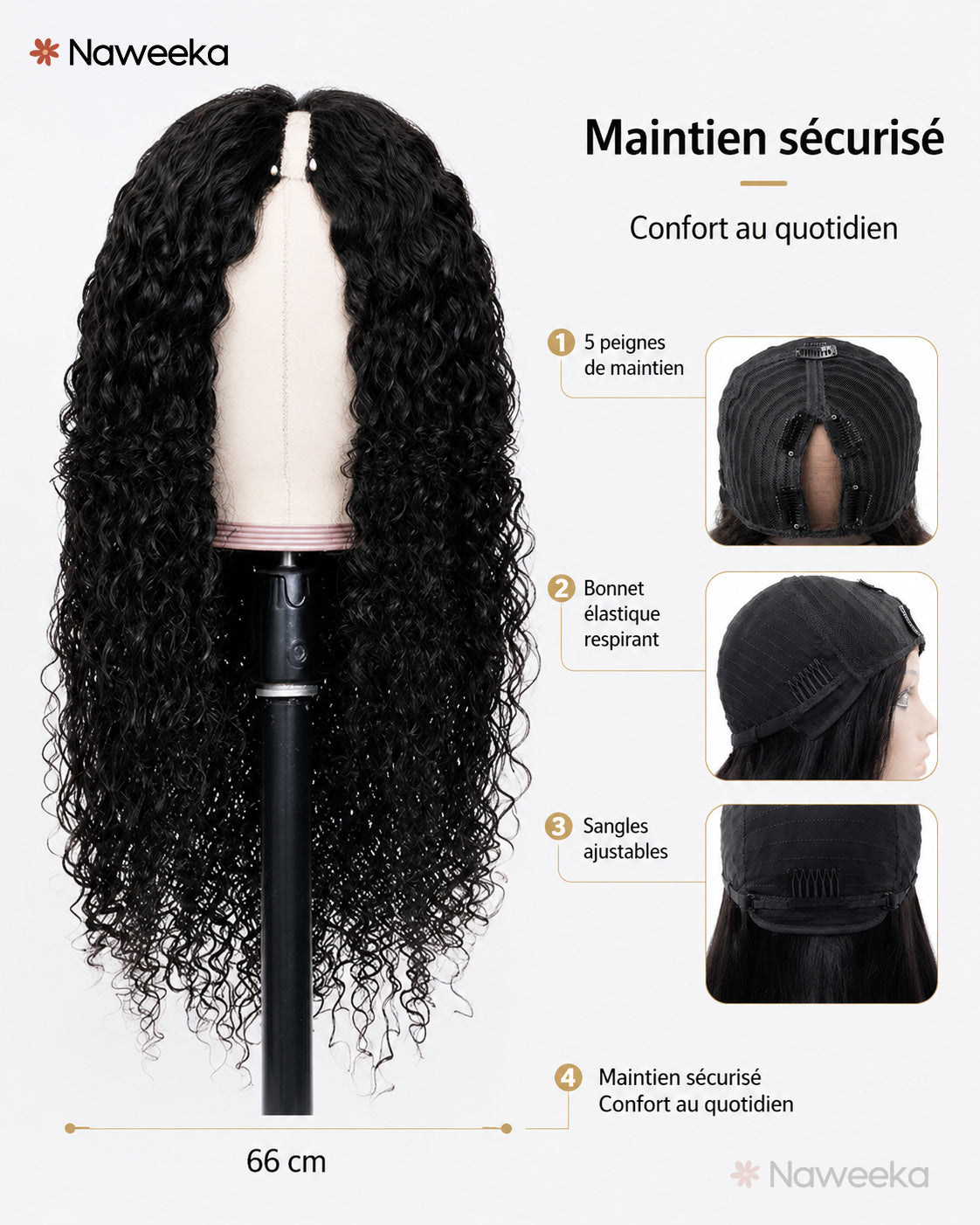 Perruque tissage ouvert bouclé sans colle, noir naturel, portée