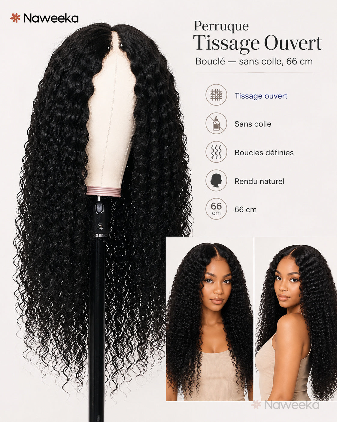 Perruque tissage ouvert bouclé sans colle, noir naturel, portée