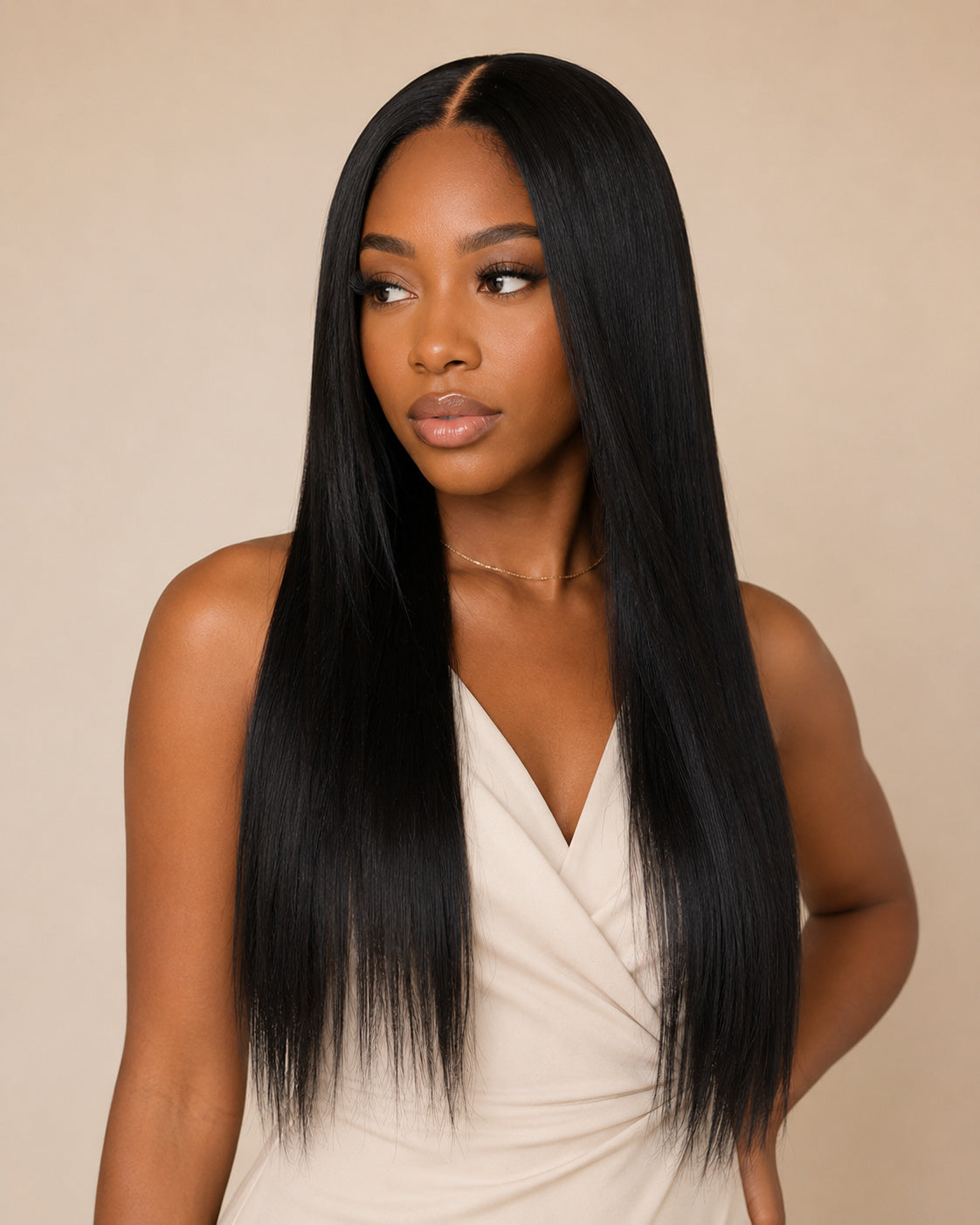 Perruque tissage ouvert lisse sans colle, noir naturel, portée