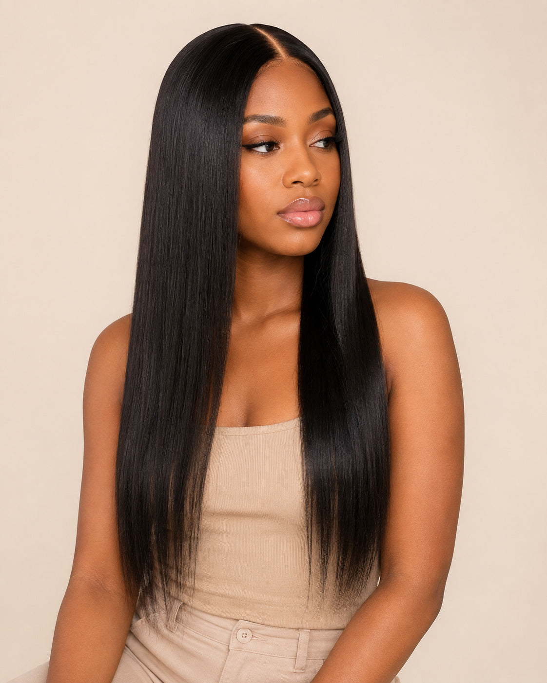 Perruque tissage ouvert lisse sans colle, noir naturel, portée