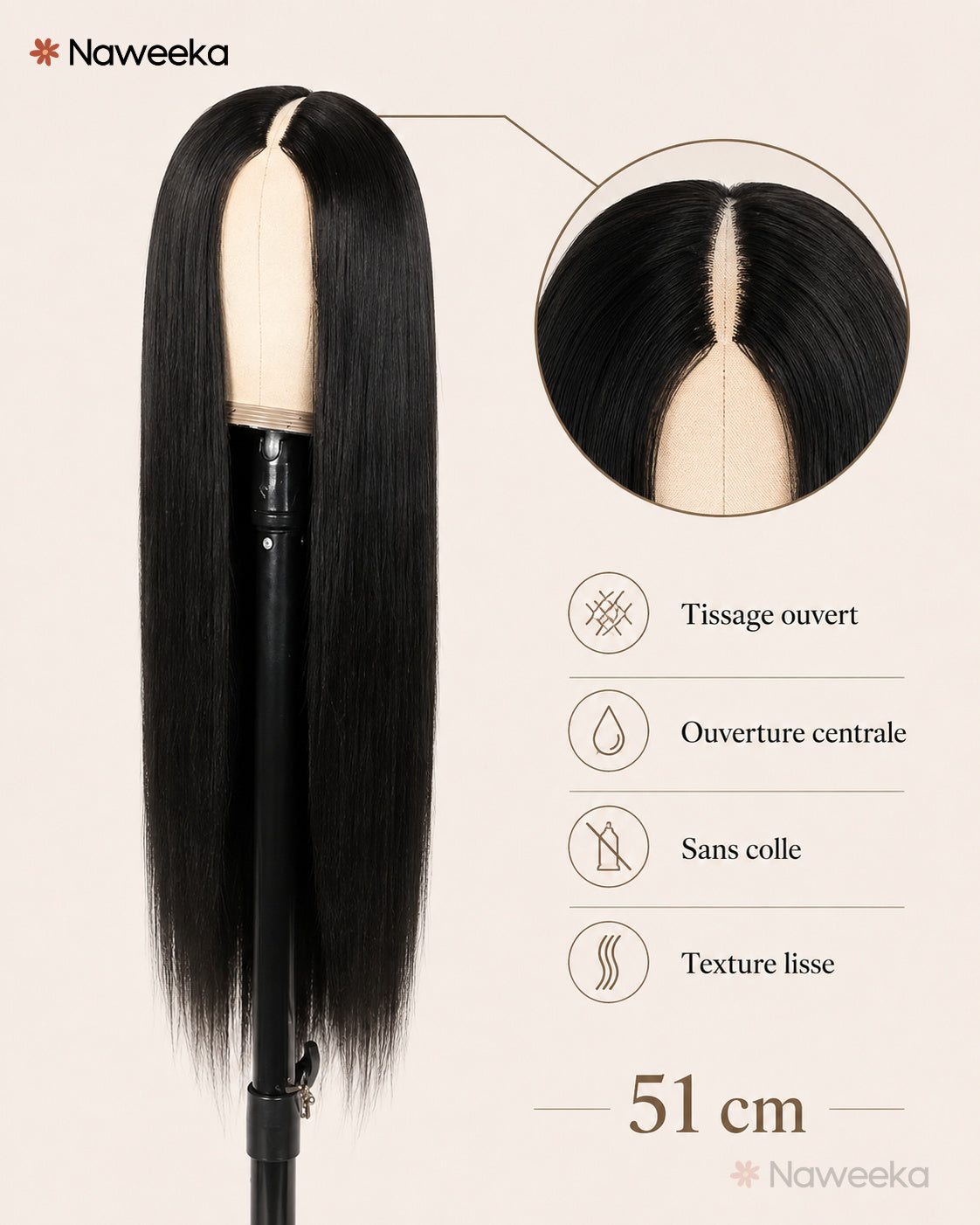 Perruque tissage ouvert lisse sans colle, noir naturel, portée