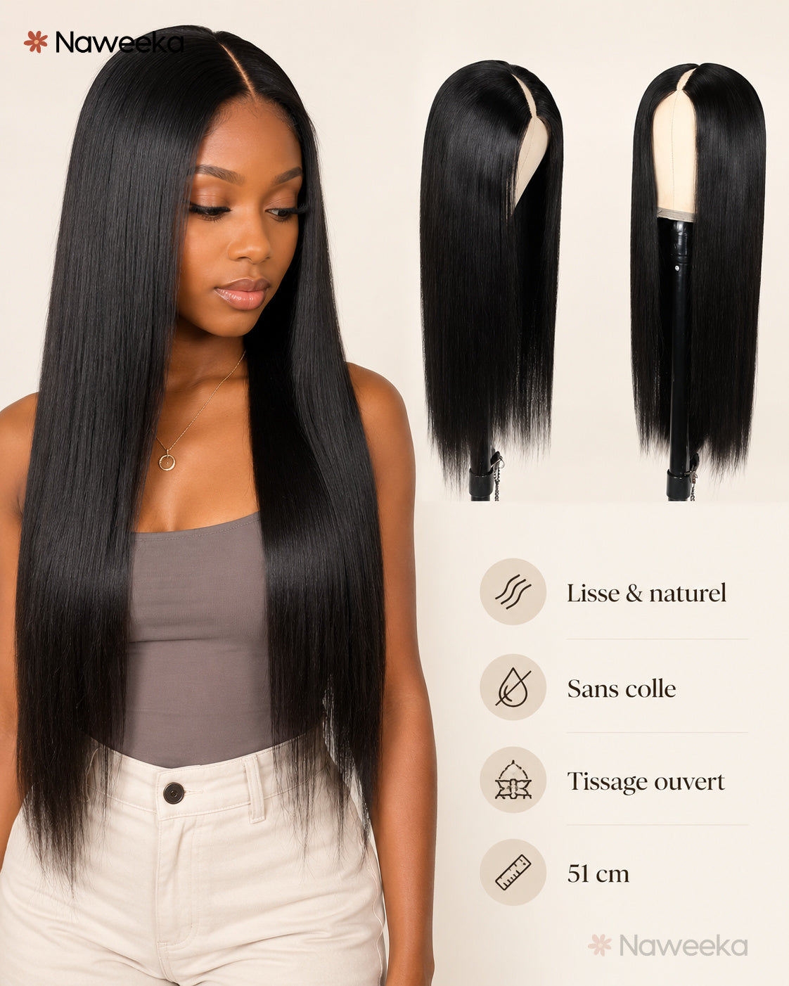 Perruque tissage ouvert lisse sans colle, noir naturel, portée