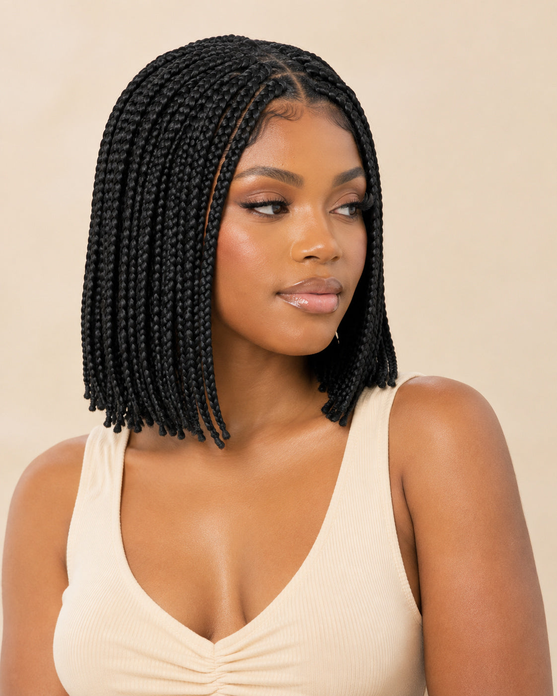 Perruque tresses box braids sans colle, noir naturel, portée