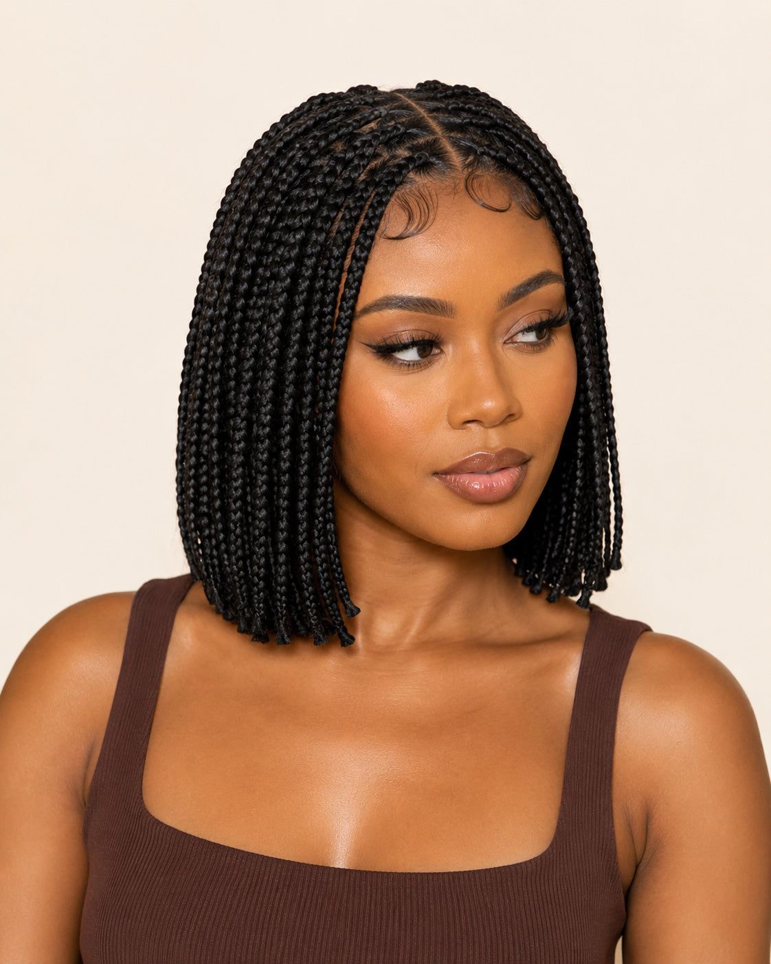 Perruque tresses box braids sans colle, noir naturel, portée