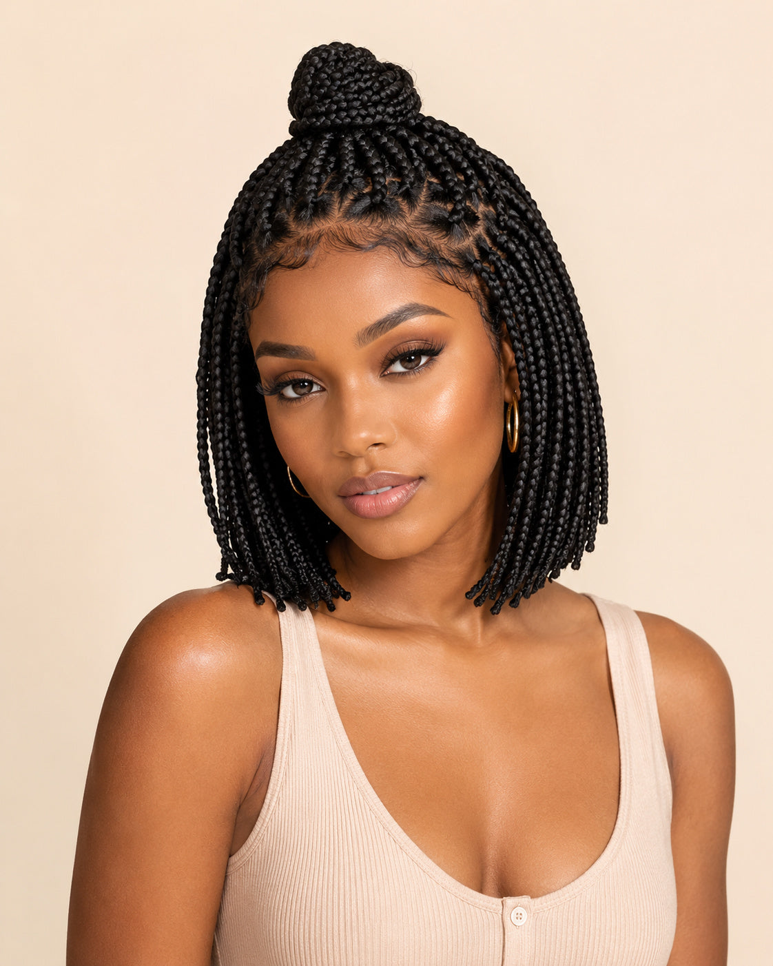 Perruque tresses box braids sans colle, noir naturel, portée