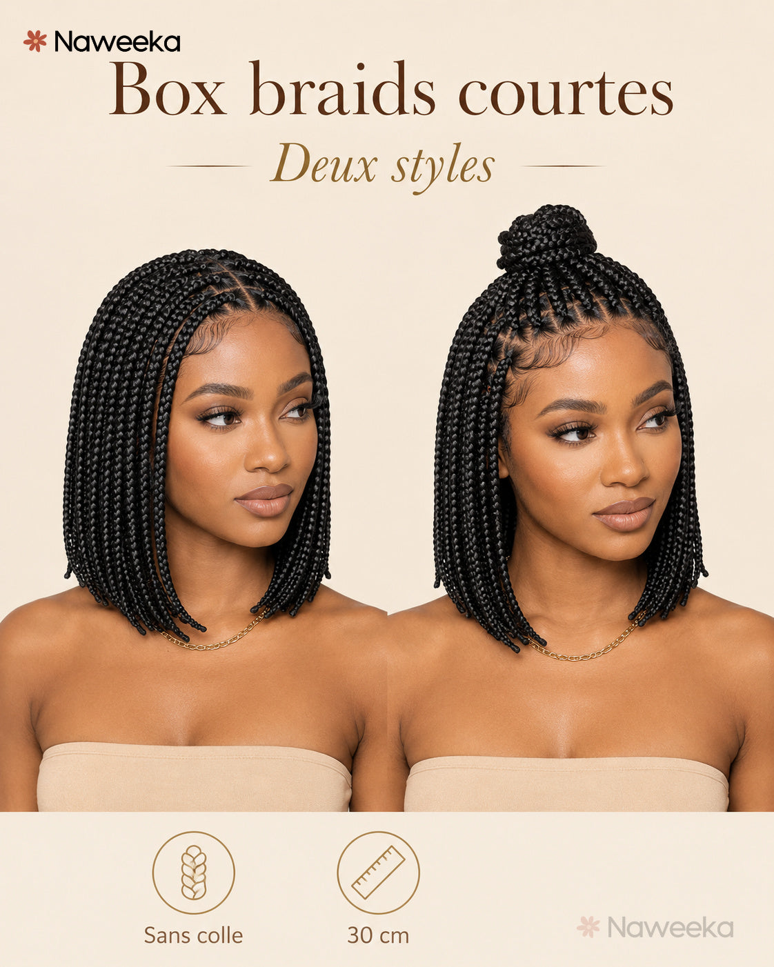 Perruque tresses box braids sans colle, noir naturel, portée