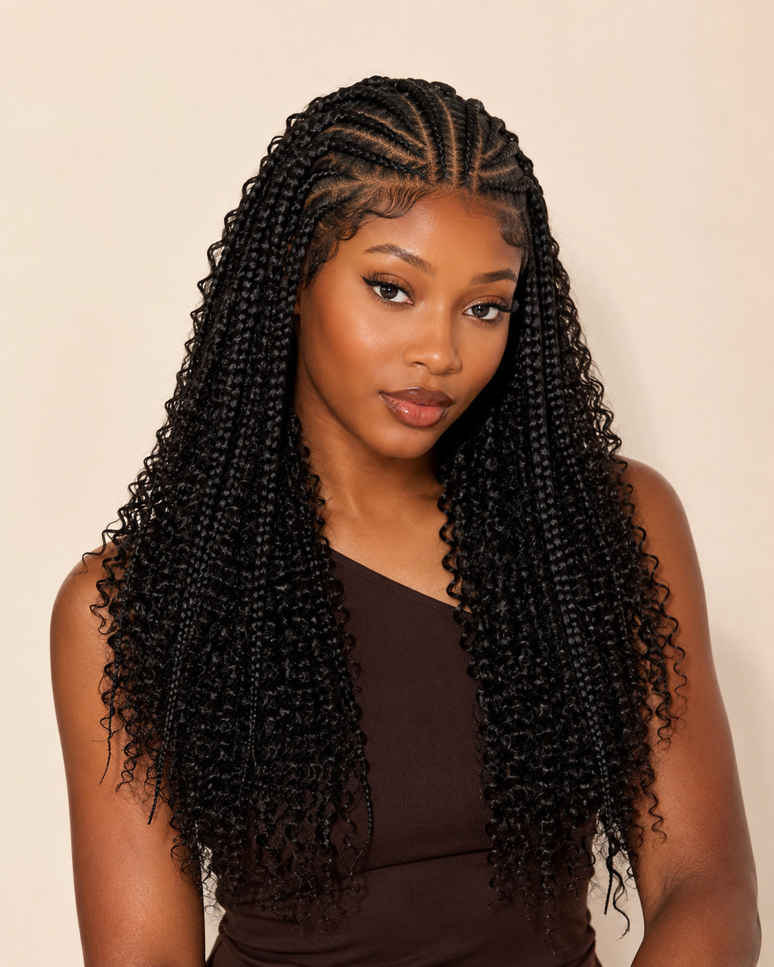 Perruque tresses knotless sans colle, noir naturel, portée