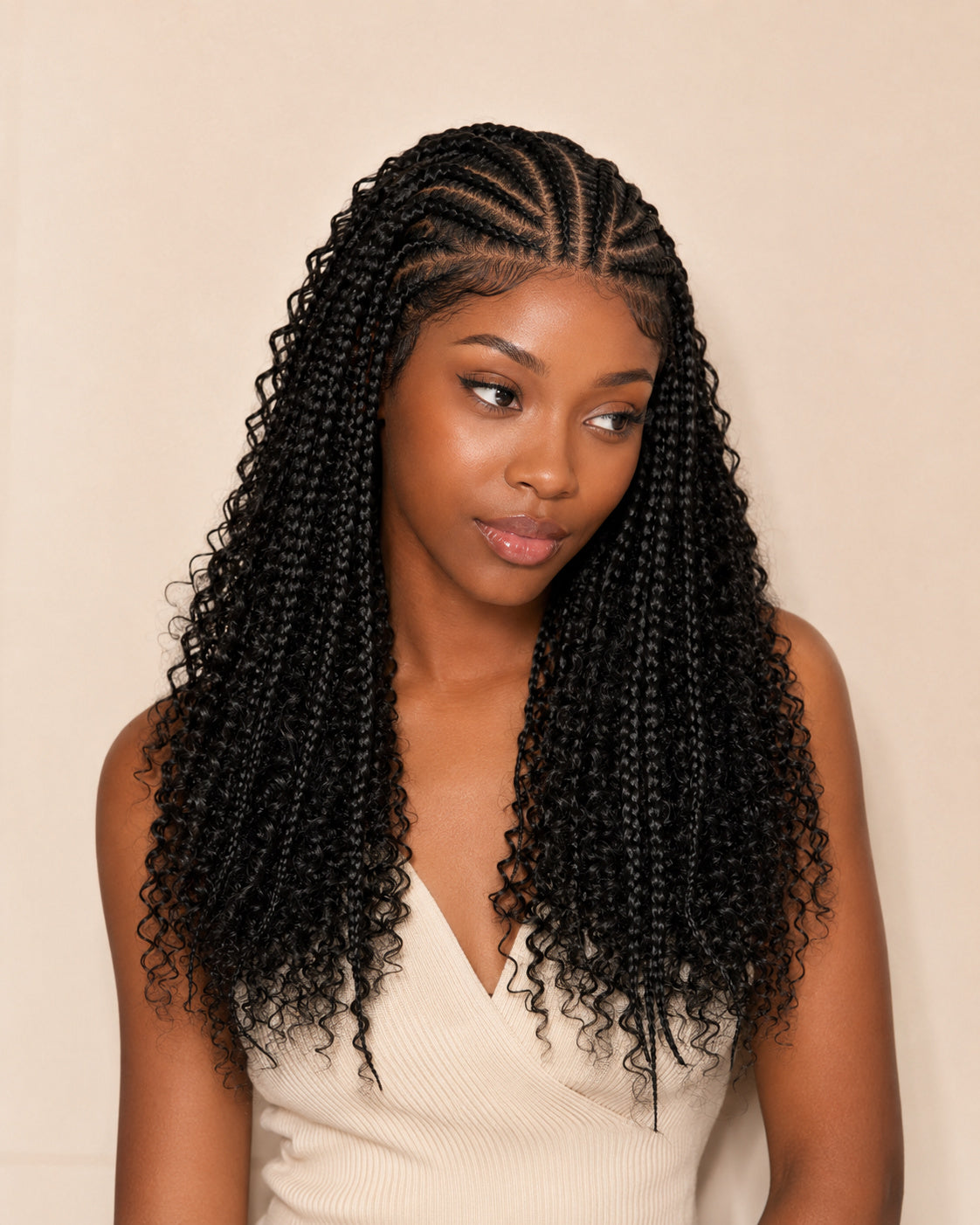 Perruque tresses knotless sans colle, noir naturel, portée