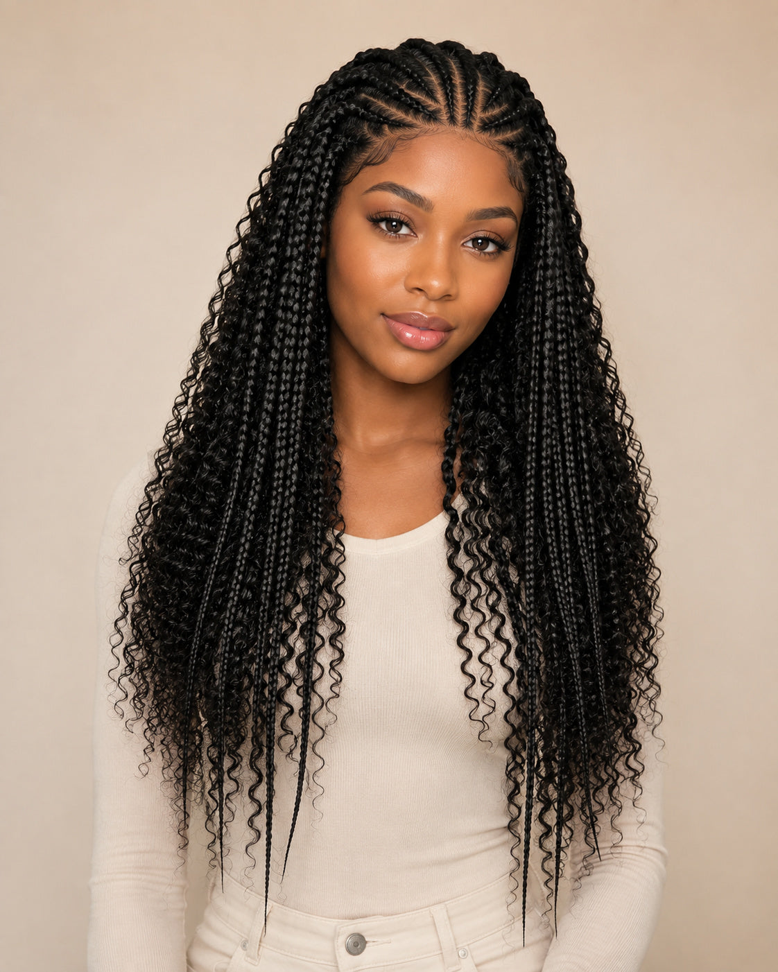 Perruque tresses knotless sans colle, noir naturel, portée