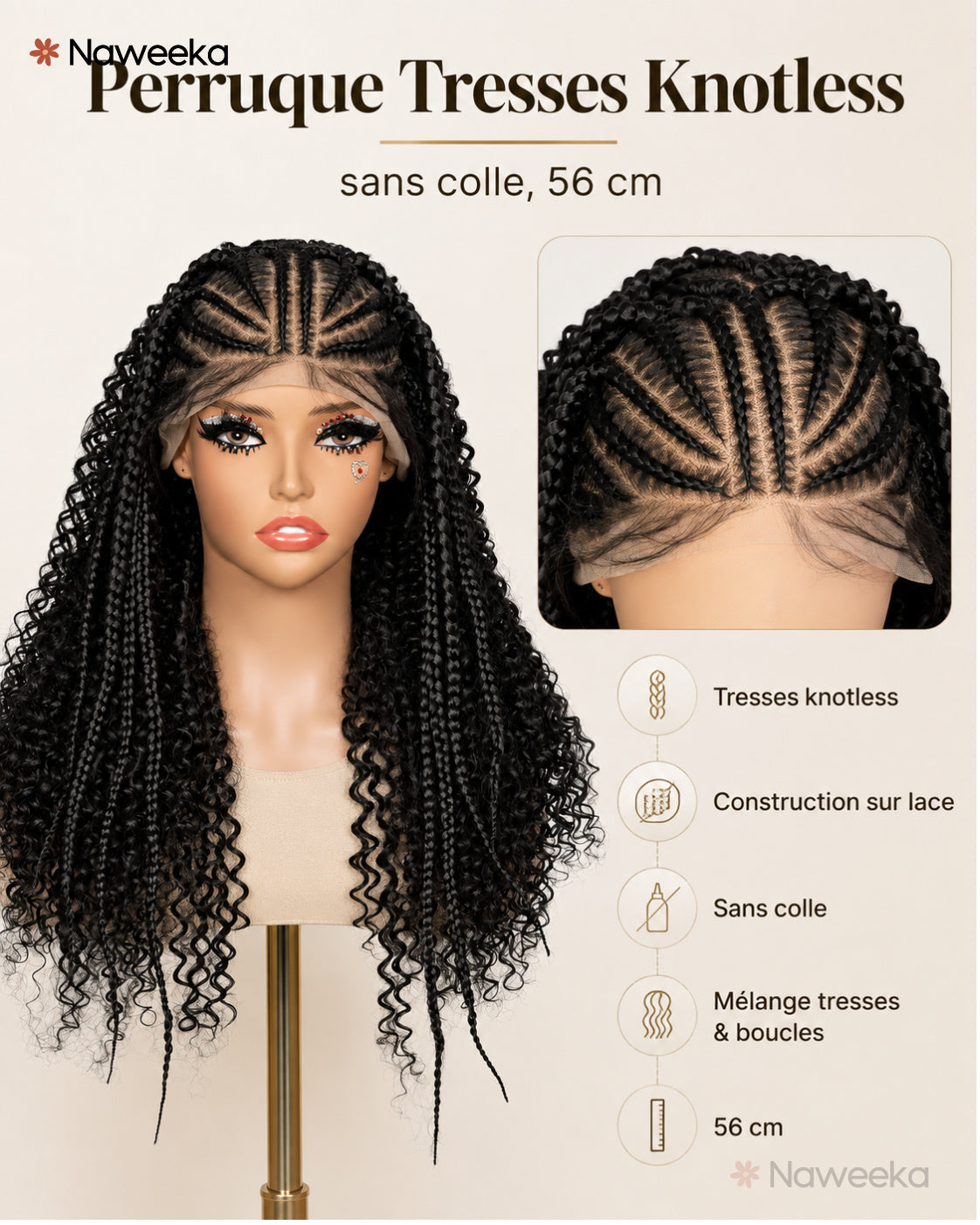 Perruque tresses knotless sans colle, noir naturel, portée