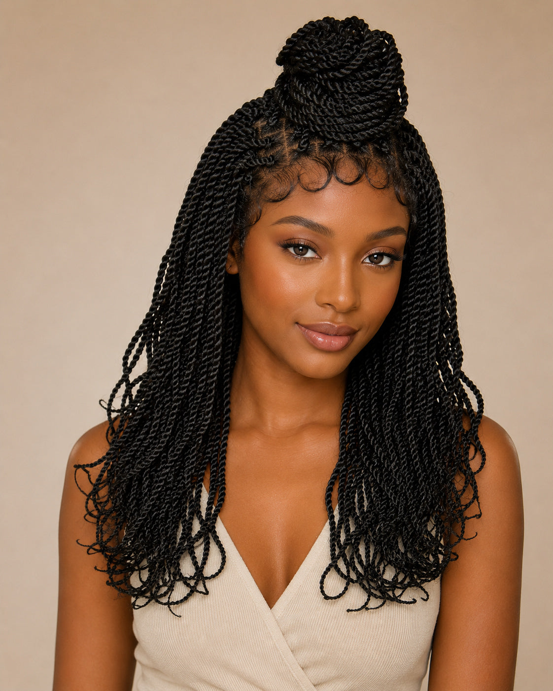 Perruque Twists sans colle, noir naturel, portée