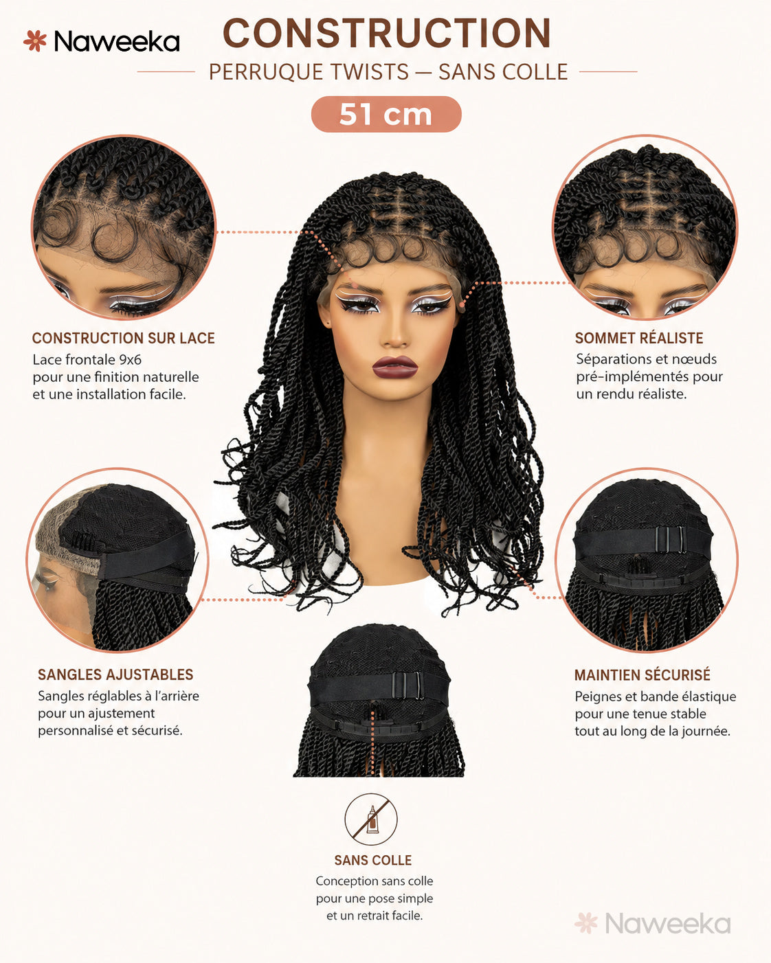 Perruque Twists sans colle, noir naturel, portée