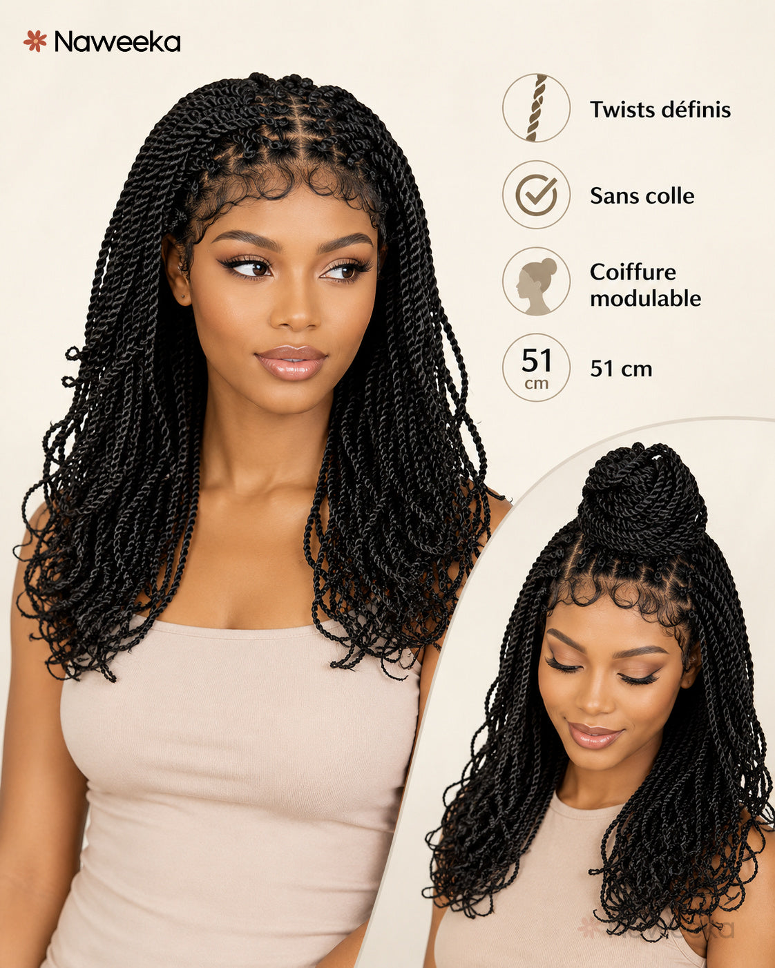 Perruque Twists sans colle, noir naturel, portée
